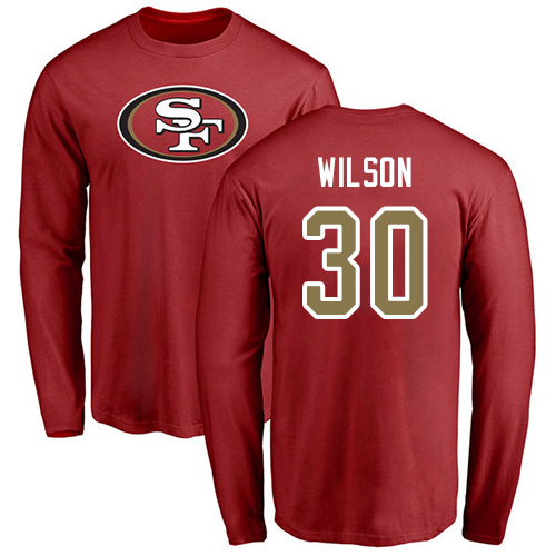Men San Francisco 49ers Red Jeff Wilson Name and Number Logo #30 Long Sleeve NFL T Shirt